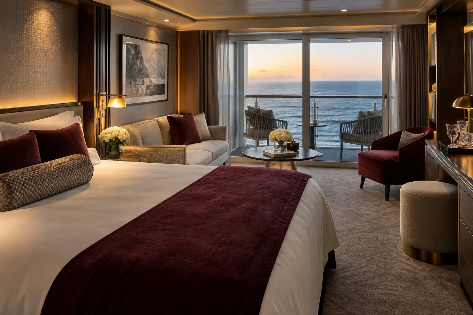 Ocean-view cruise suite with a private balcony and deep merlot textiles