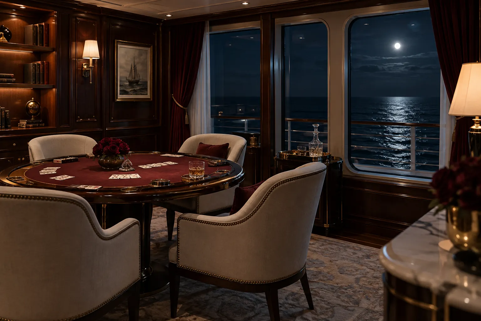 Private card salon aboard the liner with a dedicated table and moonlit sea views